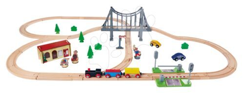 Fa vasúti sínpálya Train Set with Bridge Eichhorn mozdonnyal vagonnal híddal és kiegészítőkkel 55 darabos 500 cm hosszú sínpálya Baba játék webáruház - játék rendelés online