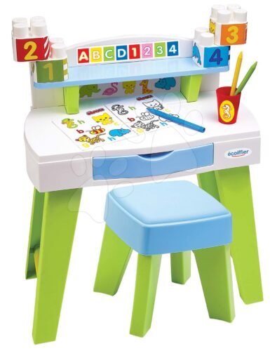 Asztal rajzolásra és alkotásra My Very First Desk Maxi Abrick Écoiffier kisszékkel és kifestőkkel és kockákkal 12-36 hó korosztálynak Baba játék webáruház - játék rendelés online