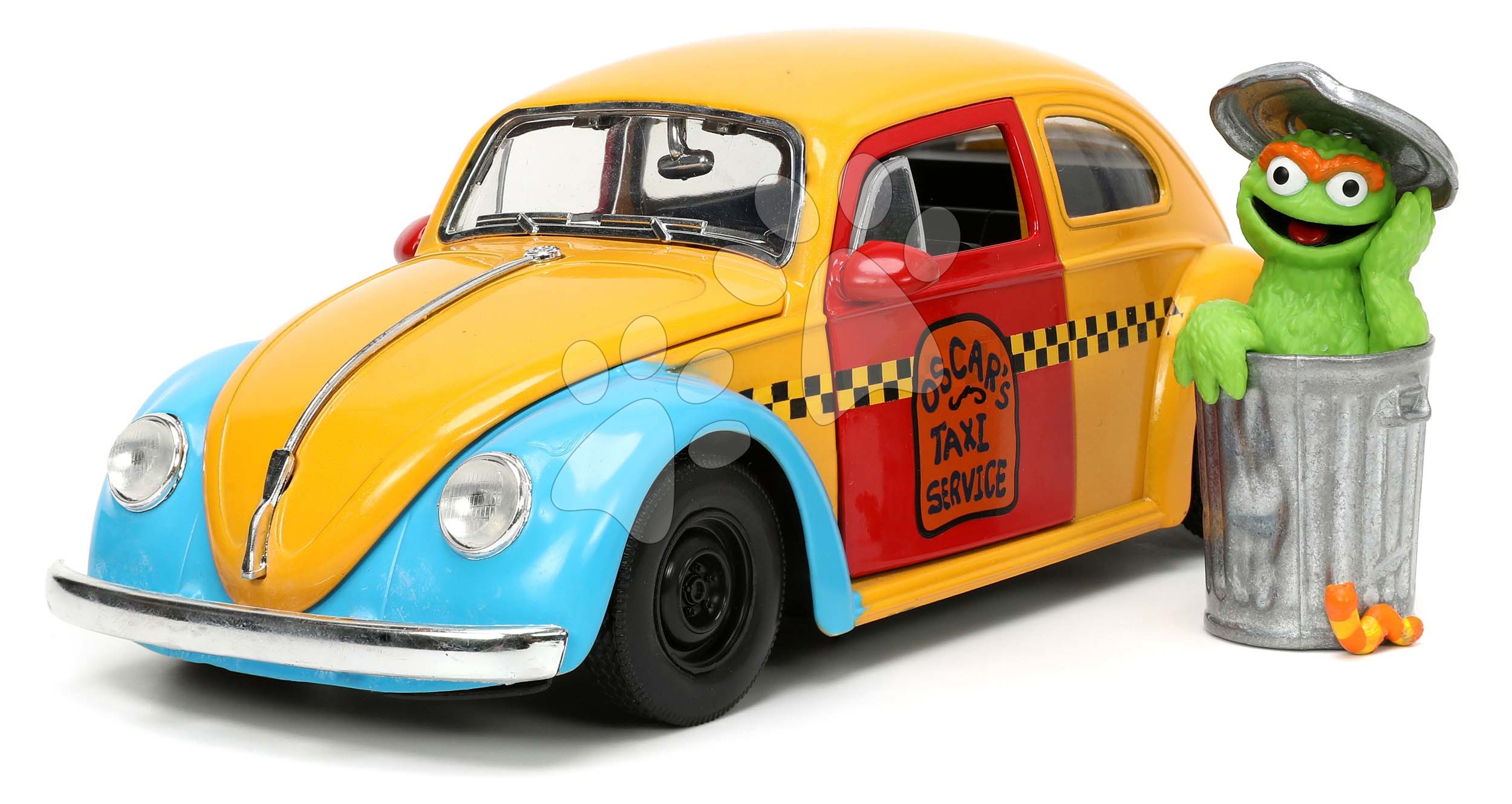 Kisautó Sesame Street VW Beetle 1959 Jada fém nyitható részekkel és Oscar figurával hossza 16